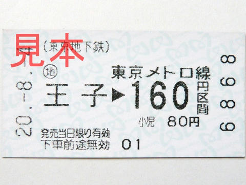 東京メトロ王子駅160円区間（券売機券）